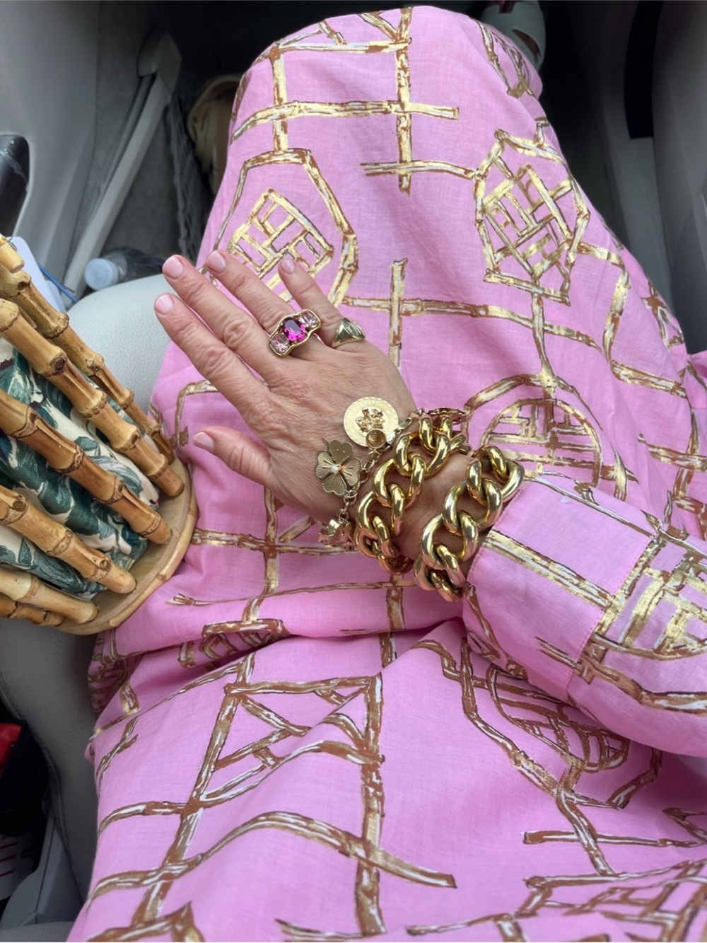 Pink Woven Bamboo-dress caftan with Gold Accents